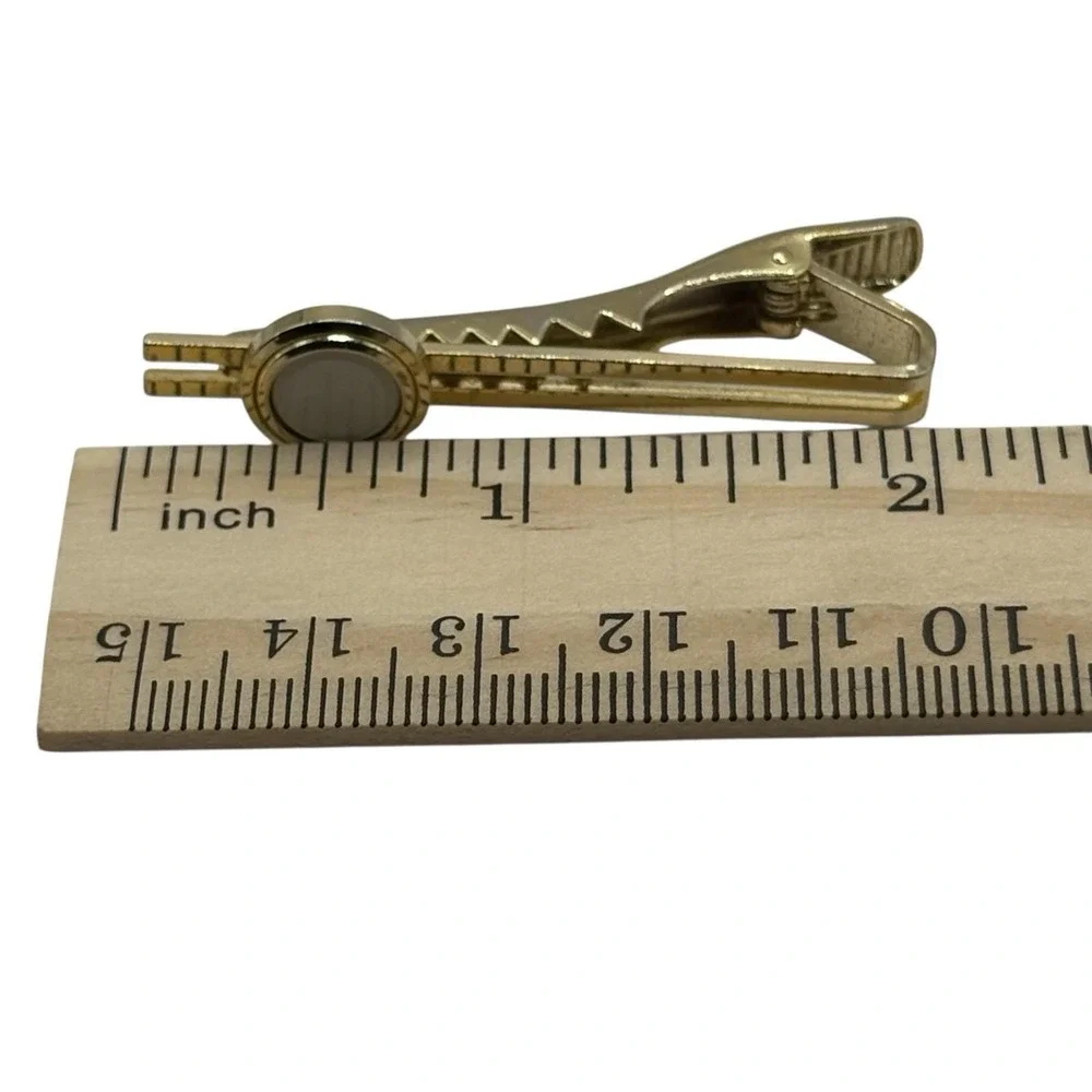Tie Clip Bar Gold Tone White Enamel Round Open Lines Classic VTG Minimalist Mens